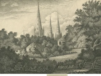 Katedrála Lichfield - severovýchodní pohled: kresba perem a tuší, 1835