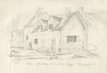 Stafford - Stará chalupa v zadních stěnách: kresba perem a tuší, 1836
