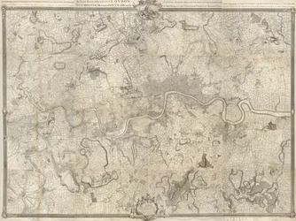 Mapa Londýna z 18. století. Přesné zaměření měst Londýna a Westminsteru, městské části Southwark a okolní krajiny v okruhu deseti mil, zahájené roku 1741 a dokončené roku 1745, od zeměměřiče Johna Rocqua, ryté Richardem Parrem.