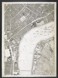 Plán Londýna, Strand, Westminsterský most,  Plán měst Londýna a Westminsteru a čtvrti Southwark; : se sousedními budovami; Ze skutečného průzkumu / pořízeného JOHN ROCQUE, Land-Surveyor, a Engraved by John Pine,  John Rocq
