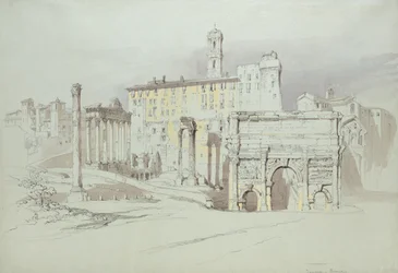 Okno Palazzo Tolomei, Siena, ukazující hrubé a nesymetrické umístění masivních kamenů, 25. - 27. června 1870 (akvarel a tělová barva přes grafit na modrém tkaném papíře)
