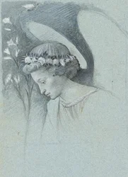Studie hlavy anděla Gabriela v díle Filippa Lippiho „The Announcing Angel“, 28. června 1870 (grafit, akvarel a tělová barva na modrém tkaném papíře)