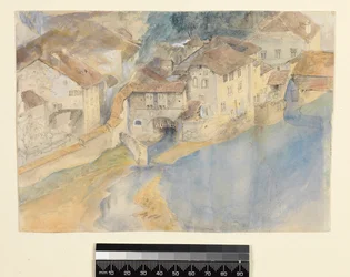 Pohled na Fribourg, Švýcarsko, cca 1854 (tužka, pero, inkoust a kvaš na papíře)