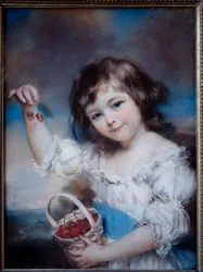 Portrét malé dívky v košíku třešní. Obraz Johna Russella (1745-1806), 19. století