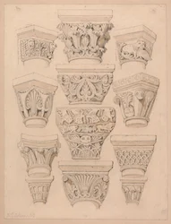 Kapitály v opatském kostele St. Georges de Bocherville u Rouenu, Normandie