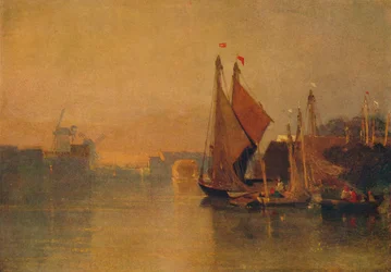 Pohled z Yarmouth Bridge, Norfolk, Pohled směrem k Breydonu, těsně po západu slunce, c1823