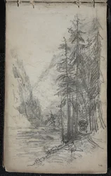 Horská krajina se stromy, 1871-72 (grafit na tmavém šedobílém tkaném papíru)