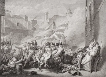 Smrt majora Peirsona v St. Helier, znovu dobytí Jersey od Francouzů, 8. ledna 1781, z „Ilustrace anglické a skotské historie“ svazek II