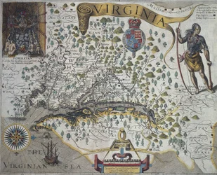 Mapa Virginie: Vložka (vlevo nahoře) zobrazující interiér chaty indického náčelníka Powhatana od Johna Smitha (1580-1631)