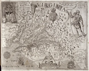Mapa Virginie, objevená a popsaná kapitánem Johnem Smithem, 1606, rytá Williamem Holem (činný 1607-24), vydaná 1612
