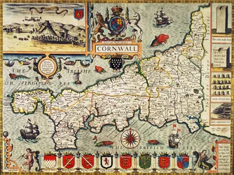Mapa Cornwallu z díla „Theatre of the Empire of Great Britain“, vydaná v Londýně Georgem Humblem, vydání z roku 1627
