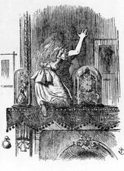 Alenka prochází zrcadlem - v knize „Alenčina dobrodružství v říši divů a Za zrcadlem“ od Lewise Carrolla, ilustrace John Tenniel (1820-1914)