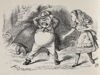 Alice s Angry Tweedledum a skrývající se Tweedledee.