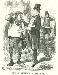 Great Autumn Manoeuvre: Gladstone si myslel, že nakonec musí být hlas udělen zemědělským dělníkům (Hodge). V této době byl jeho premiérský úřad nejistý a Disraeli čeká, až zaujme jeho místo. John Tenniel karikatura z Punch, Londýn, 9. srpna 1873.