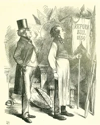Politická ekonomie: Reforma parlamentu - rozšíření franšízy. Disraeli (kancléř) a Derby (premiér) oprašují reformní zákon. V roce 1867 Disraeli představil nový zákon. John Tenniel karikatura z Punch, Londýn