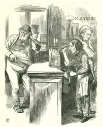 The Honest Pot Boy: Reform of Parliament - rozšíření franšízy. Disraeli podávající reformu Johnu Bullovi sledovala jeho parlamentní opozice. Představil a nesl svůj reformní zákon. Tenniel karikatura z Punch, Londýn