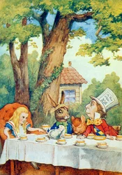 Čajový dýchánek Šíleného kloboučníka, ilustrace z «Alenky v říši divů» od Lewise Carrolla (1832-9)