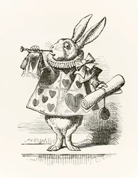 Bílý králík s trubkou a svitkem ohlašující obvinění, z knihy „Alenka v říši divů“ od Lewise Carrolla, poprvé vydané v roce 1865