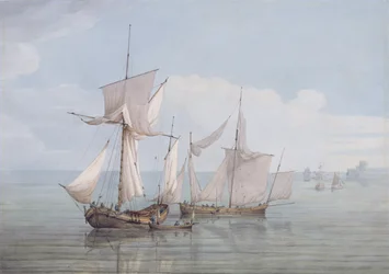 Hoy a Lugger s další zásilkou na klidném moři (wc, pero a černý inkoust na tkaném papíře)