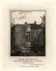 Barber Surgeon’s Hall, Monkwell Street, z nádvoří kostela St Giles, Cripplegate