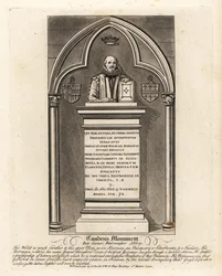 Hrobový pomník alžbětinského starožitníka a herolda Williama Camdema, zemřel 1623, v Poets Corner, Westminster Abbey