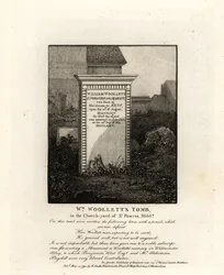 Hrob královského rytce Williama Woolletta, zemřel 1735, na hřbitově St Pancras, Middlesex