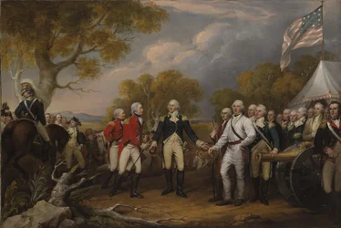 Bitva u Saratogy, britský generál John Burgoyne se vzdává americkému generálovi, Horatio Gates, 17. října 1777, c.1822-32
