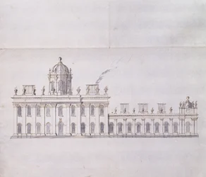 Castle Howard, Yorkshire: Schematický náčrt tužkou ukazující vývoj křídel nádvoří, kolem roku 1699 (pero a hnědý inkoust a šedá barva)