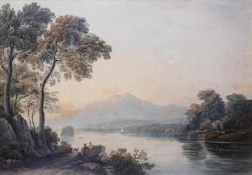 Postavy se psem na břehu jezera Killarney (akvarel)