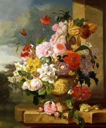 Zátiší s květinami ve váze (včetně narcisů, růží, tulipánů a primulí). Obraz Johna Wainewrighta (nar. 19. století) Soukromá sbírka.