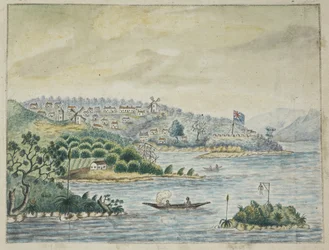 Přidat. 13880, f.79 Pohled na britskou kolonii. V popředí domorodci na kánoi, z deníku uchovávaného na palubě transportéru Minerva, z Irska do Nového Jižního Walesu a Bengálska, od Johna Washingtona Price