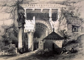 Karli, vchod do Velké jeskyně Chaitya, 1845.