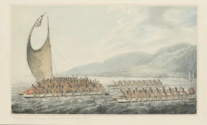 35: Tereoboo, král Owyhee, přináší dárky kapitánu Cookovi, ze série akvarelů ilustrujících poslední plavbu kapitána Cooka, cca 1773-84 (akvarel na papíře)