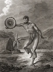 Potetovaný tanečník v tradičním kroji, Havaj, 1778
