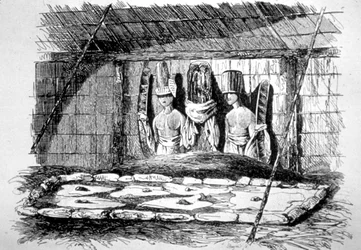 Uvnitř pohřební chýše, Tahiti, 18. století