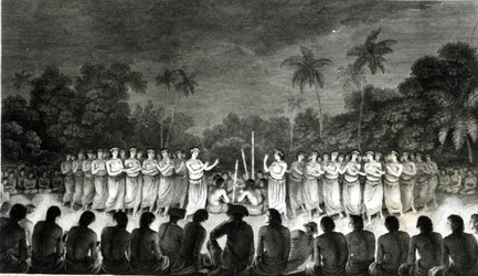 Domorodí obyvatelé Přátelských ostrovů Tančící v Hapee, z Atlasu třetí cesty kapitána Jamese Cooka (1728-79) 1777