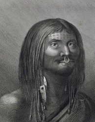 Polynéský muž z Nootka Sound, ilustrace Johna Webbera (1752-1793) vytvořená během třetí cesty (1776-1779) Jamese Cooka (1728-1779),