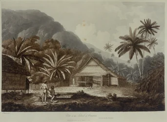 Pohled na ostrov Cracatoa, z knihy "Pohledy do jižních moří", pub. 1789 (lept)