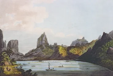 Pohled na přístav Taloo na ostrově Eimeo, z hospody „Pohledy v jižních mořích“. 1789 (lept)