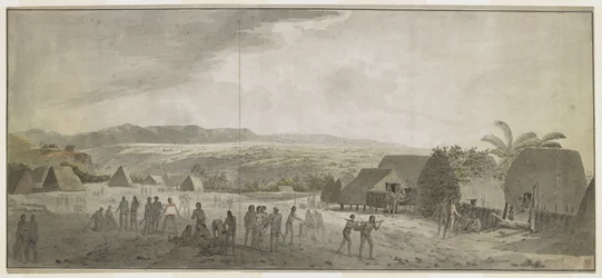 [Celá kresba] Kresba návštěvy kapitána Cooka ve vesnici Waimea, Atooi [Kauai], leden 1778. Někteří muži válí sudy, jiní směňují s Havajci. Vpravo dva domorodci nesoucí prase navlečené na tyči. Za nimi rodné chatrče a p