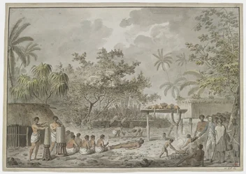 [Celá kresba] Lidská oběť na velké morai v Attahouroo [Utuaimahurau], Tahiti, svědkem kapitána Cooka dne 1. září 1777. Svázaná postava v popředí, s muži kopajícími díru pro tělo za zády a s tím, co obsahuje dva psy a thr
