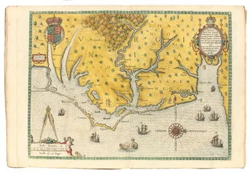Mapa Virginie ukazující příjezd expedice sira Waltera Raleigha v roce 1585, 1590