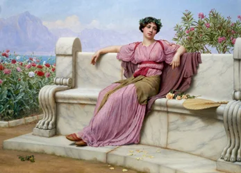 "Tranquillity" Mladá žena v antických šatech sedí na mramorové lavičce v zahradě a v očích má zasněný pohled. Obraz Johna Williama Godwarda (1861-1922)