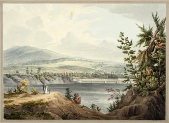 Hudson River Bridge u Waterfordu, New York, 1832 (akvarel, kvaš, selektivní glazura, grafit a škrábání na papíře položeném na kartonu)