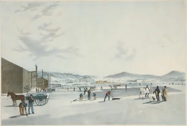 Rockland Lake - řezání ledu. Pohled od severovýchodu, hospoda. 1849