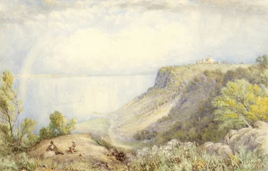 Pohled na řeku Hudson z Palisades, New York, s duhou, 1873 Akvarel, grafit a doteky kvaše na papíře, položené na kartě