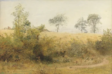 The Bat Begins with Giddy Wing - Barley Field Over the Hedge, 1885 (wc a tužka s škrábáním na papíře)
