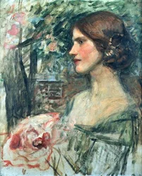 Portrét dámy v zelených šatech aneb Kytice, kolem roku 1908 (olej na plátně)