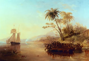 Britská průzkumná loď v jižním Pacifiku pozdravena obyvateli ostrova v kánoích Outrigger, kolem roku 1840