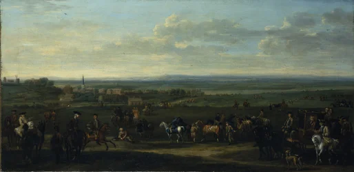 Pohled na Old Newmarket s postavami a koňmi na Heath (olej na plátně)